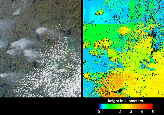 Fire season in Manitoba, Canada lasts from April until October, and numerous smoke plumes caused by lightning strikes are captured in these from views NASA Terra satellite of the northwestern part of the province; data were acquired on June 20, 2001.
