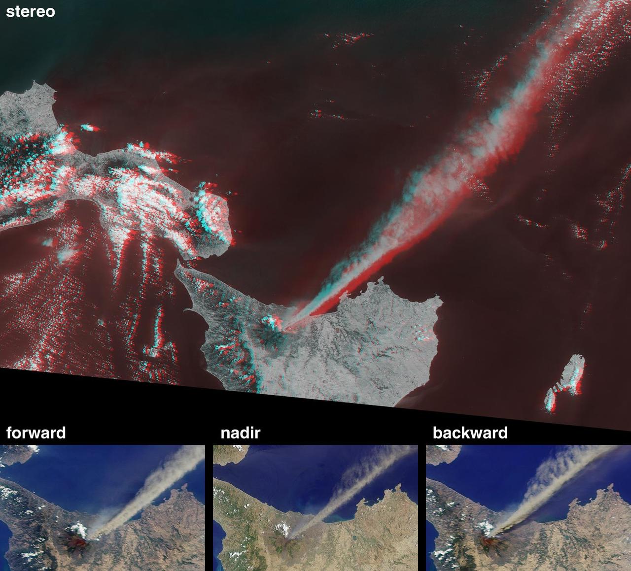This anaglyph from the MISR instrument aboard NASA Terra spacecraft shows the eruption of Mt. Etna volcano located near the eastern coast of Sicily on July 22, 2001. 3D glasses are necessary to view this image.