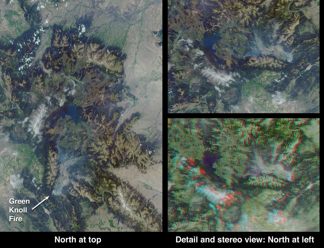 This anaglyph from the MISR instrument aboard NASA Terra spacecraft shows the area around Jackson Hole, Wyoming, where the Green Knoll forest fire raged for many days in July, 2001. 3D glasses are necessary to view this image.