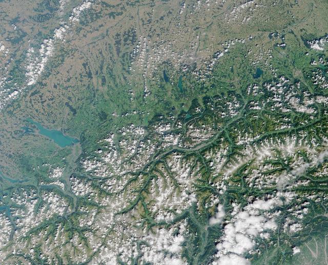 Lake Constance, bordered by Switzerland, Germany, and Austria. This image from NASA Terra satellite is MISR Mystery Image Quiz #2.