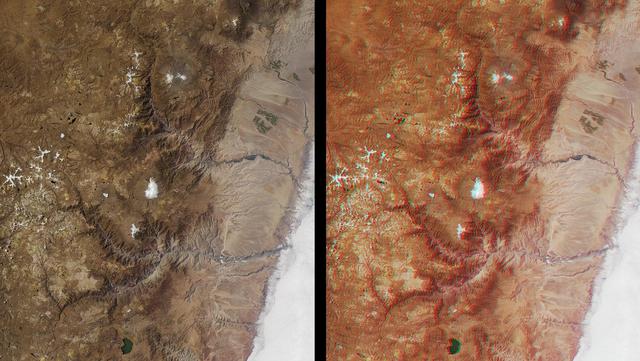 Spectacular canyons of the central Andes, in the Peruvian department of Arequipa, are seen in this anaglyph from the MISR instrument aboard NASA Terra spacecraft. 3D glasses are necessary to view this image.