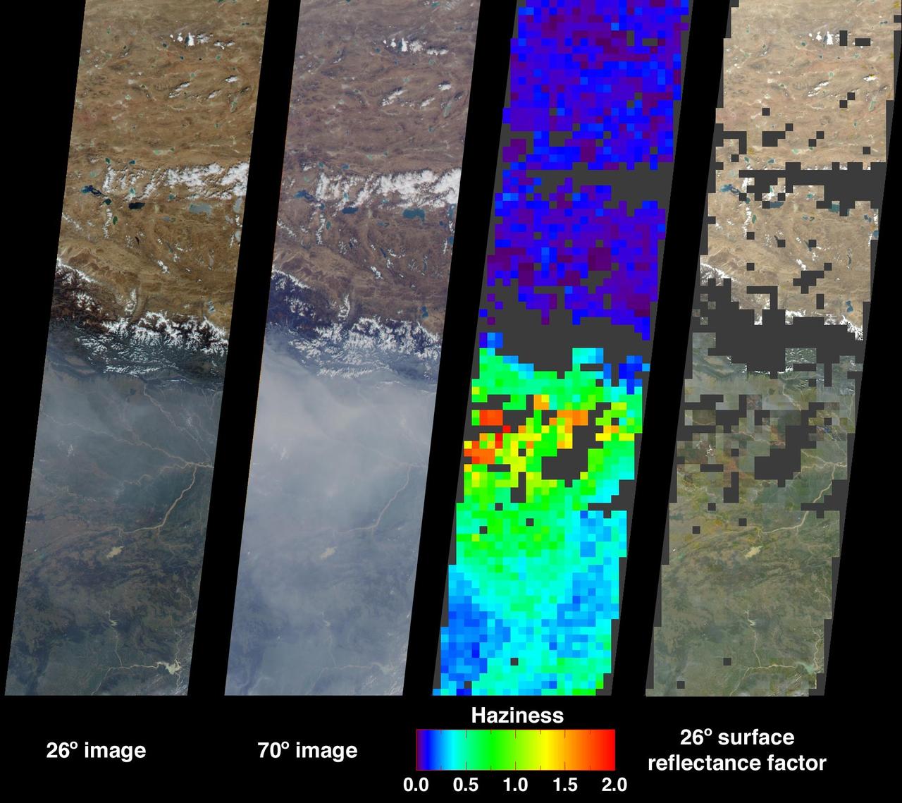 Large abundances of aerosols, or airborne particulates, over the low-lying plains of northeastern India appear in dramatic contrast with the relatively pristine air of the high-altitude Tibetan Plateau in this image from NASA Terra satellite acquired on