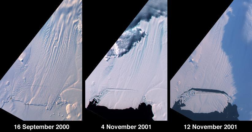 A large tabular iceberg (42 kilometers x 17 kilometers) broke off Pine Island Glacier, West Antarctica (75ºS latitude, 102ºW longitude) sometime between November 4 and 12, 2001. Images of the glacier were acquired by the Multi-angle Imaging SpectroRadiometer (MISR) instrument aboard NASA's Terra spacecraft. This event was preceded by the formation of a large crack across the glacier in mid 2000. Data gathered by other imaging instruments revealed the crack to be propagating through the shelf ice at a rate averaging 15 meters per day, accompanied by a slight rotation of about one percent per year at the seaward margin of the rift.  The image set shows three views of Pine Island Glacier acquired by MISR's vertical-viewing (nadir) camera. The first was captured in late 2000, early in the development of the crack. The second and third views were acquired in November 2001, just before and just after the new iceberg broke off. The existence of the crack took the glaciological community by surprise, and the rapid rate at which the crack propagated was also not anticipated. Glaciologists predicted that the rift would reach the other side of the glacier sometime in 2002. However, the iceberg detached much sooner than anticipated, and the last 10-kilometer segment that was still attached to the ice shelf snapped off in a matter of days. http://photojournal.jpl.nasa.gov/catalog/PIA03431
