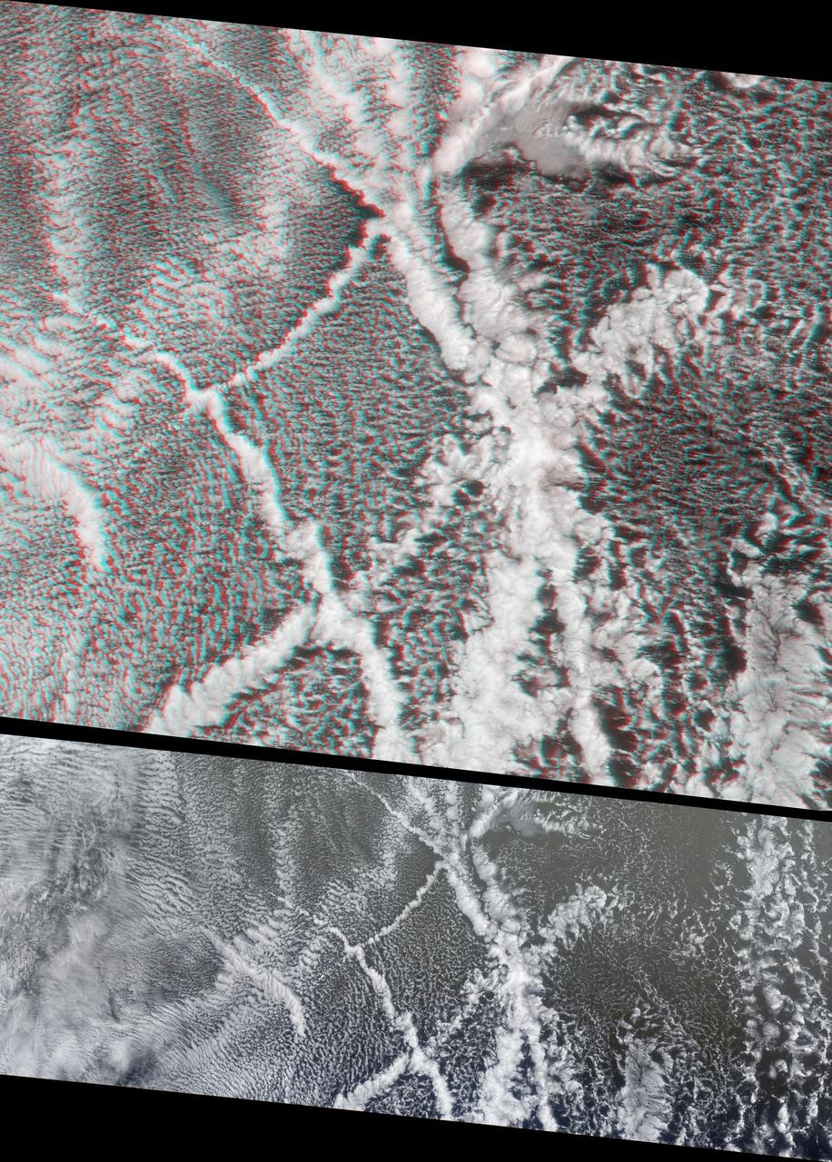 These images, taken by the MISR instrument aboard NASA Terra spacecraft , are centered over the Pacific Ocean, about 1600 kilometers west of San Francisco. 3D glasses are necessary to view this image.