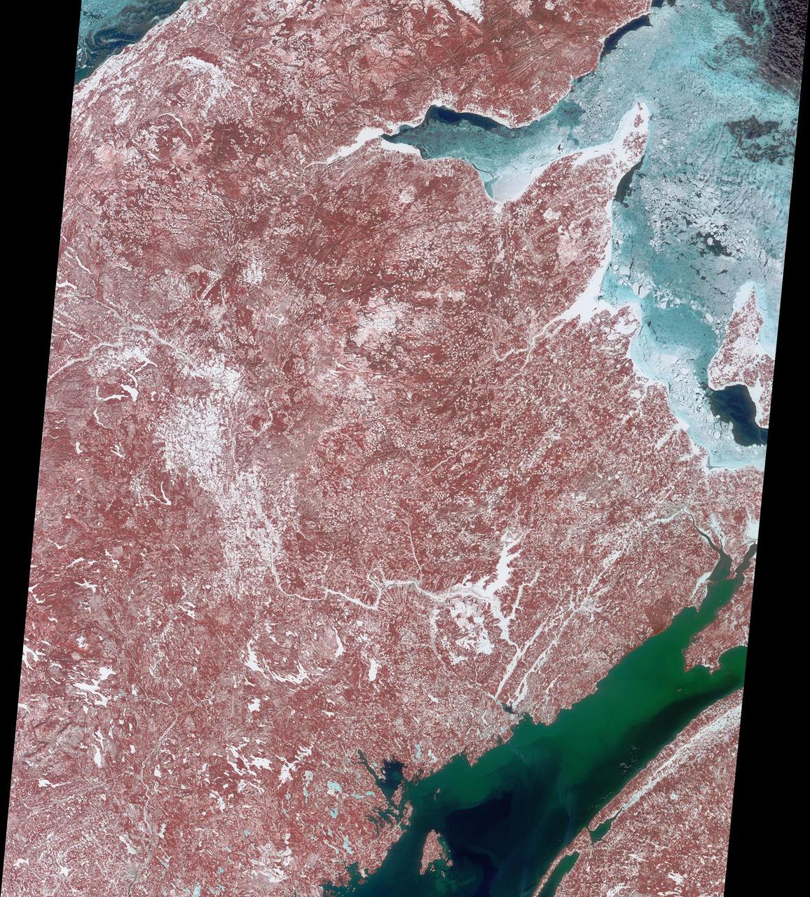 Decked out in reds, greens, blues and whites, this image captured by NASA Terra satellite March 8, 2001 highlights the Canadian province of New Brunswick.