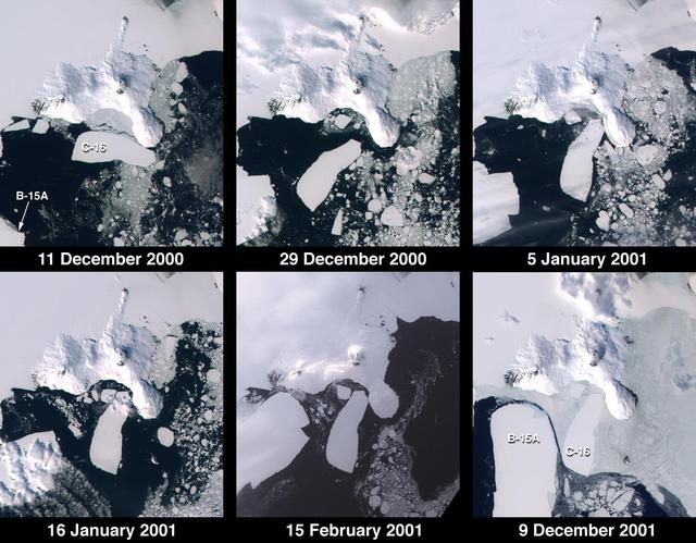 These images from NASA Terra satellite documented iceberg movements and changes in sea ice between December 11, 2000 and December 9, 2001.