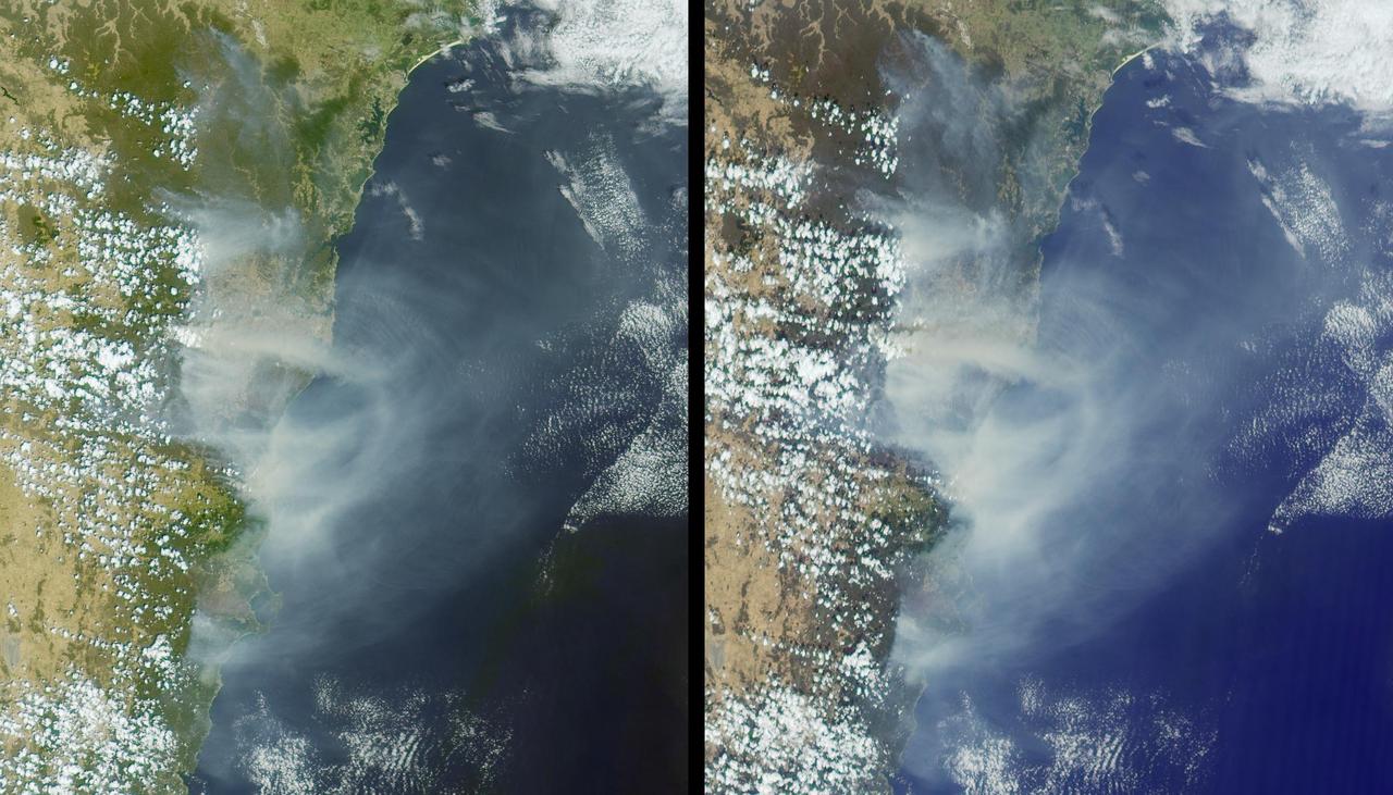 Australia largest city of Sydney was clouded with smoke when more than 70 wildfires raged across the state of New South Wales when NASA Terra satellite captured this image the morning of December 30, 2001.