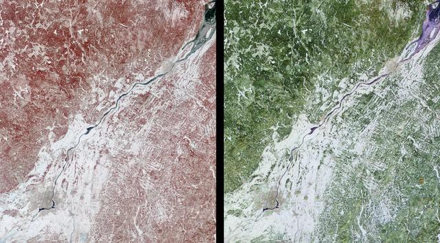 These images of Canada Québec province were acquired by NASA Terra satelliteon March 4, 2001.The region forests are a mixture of coniferous and hardwood trees, and ugar-shack festivities are held at this time of year to celebrate the beginning o
