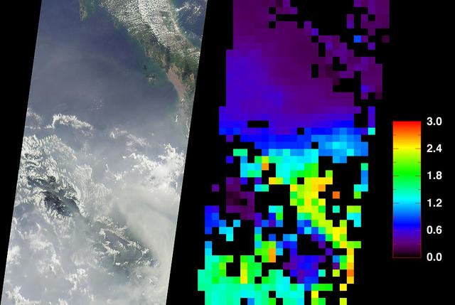 These data products from NASA Terra satellite document the presence of airborne particulates on March 13, 2002, during Terra orbit 11880. At least once a year for a period lasting from a week to several months, northern Sumatra is obscured by smoke and 