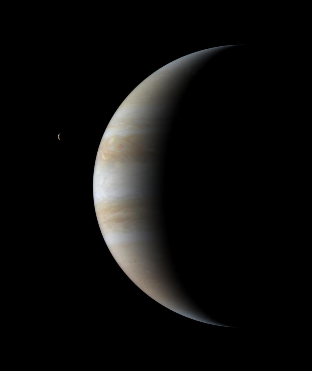 On January 15, 2001, 17 days after it passed its closest approach to Jupiter, NASA Cassini spacecraft looked back to see the giant planet as a thinning crescent.