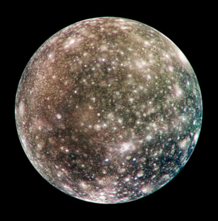 Bright scars on a darker surface testify to a long history of impacts on Jupiter moon Callisto in this image of Callisto from NASA Galileo spacecraft.