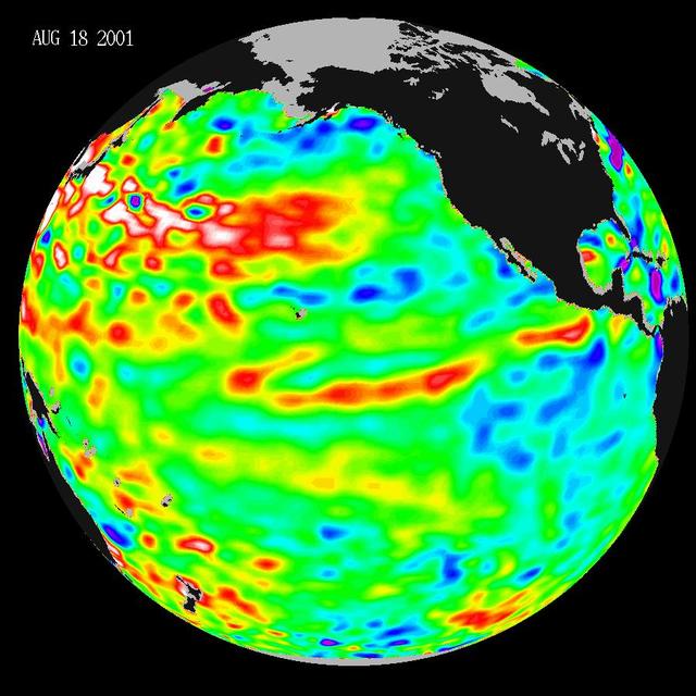 These data, taken during a 10-day collection cycle ending August 18, 2001, show that above-normal sea-surface heights and warmer ocean temperatures still blanket the far-western tropical Pacific and much of the north and south mid-Pacific.