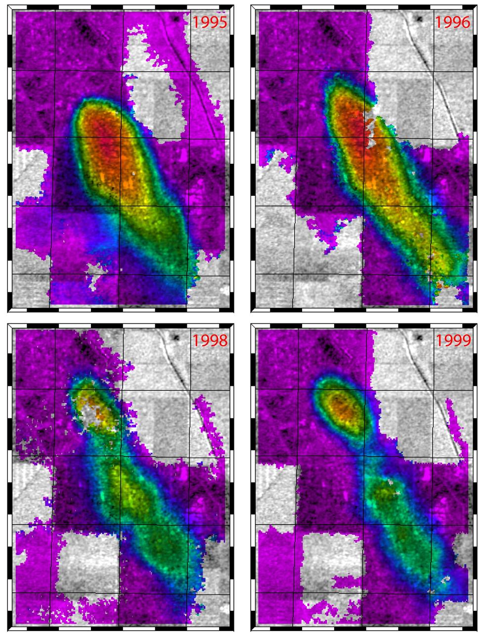 This figure shows a comparison of interferograms from four different years mapping the rapid ground subsidence over the Lost Hills oil field in California.