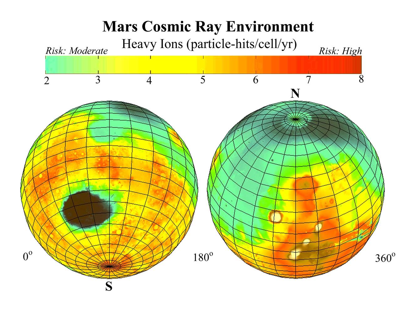 This global map of Mars, based on data from NASA Mars Odyssey, shows estimates for amounts of high-energy-particle cosmic radiation reaching the surface, a serious health concern for any future human exploration of the planet.