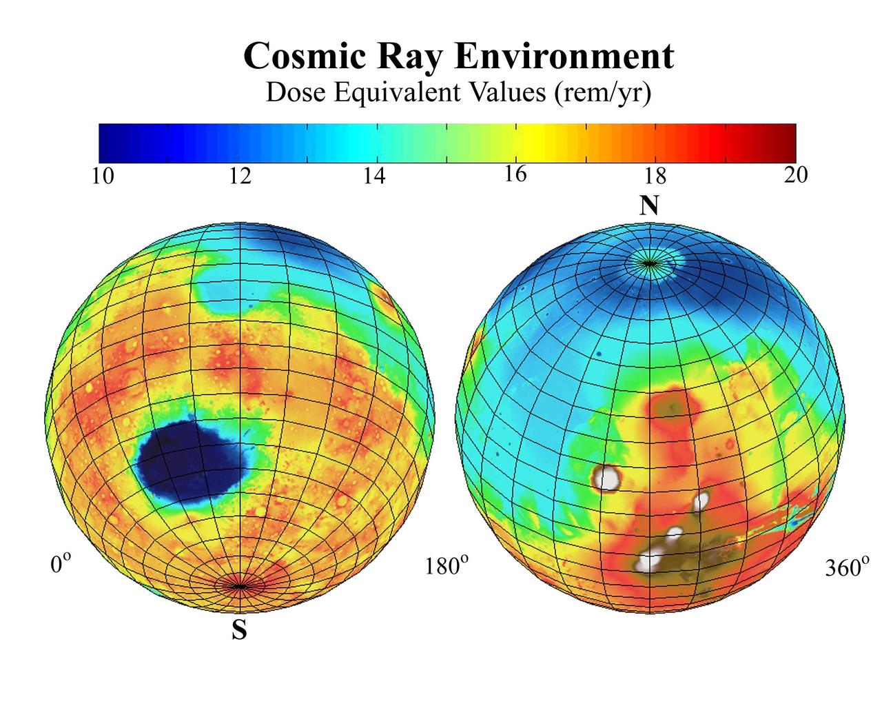 This global map of Mars, based on data from NASA Mars Odyssey, shows the estimated radiation dosages from cosmic rays reaching the surface, a serious health concern for any future human exploration of the planet.