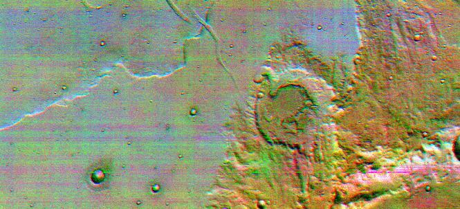 This is the first high-resolution color infrared image taken of Mars. The image was constructed using three of the ten infrared filters on the thermal emission imaging system of NASA Mars Odyssey spacecraft.