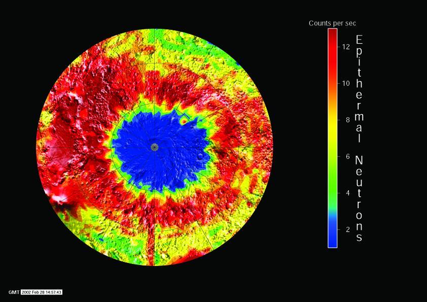 The deep blue colors on this map of the south pole of Mars from NASA Mars Odyssey spacecraft show where a low intensity of epithermal neutrons is found. 