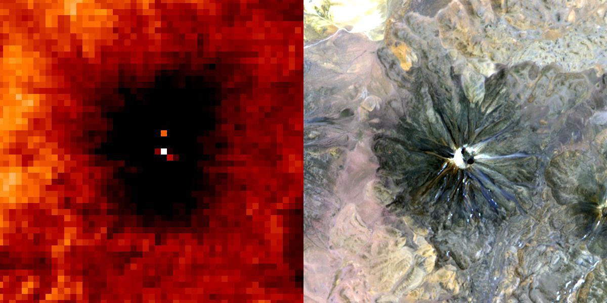 A January 6, 2002 ASTER nighttime thermal infrared image of Chiliques volcano in Chile shows a hot spot in the summit crater and several others along the upper flanks of the edifice, indicating new volcanic activity. Examination of an earlier nighttime thermal infrared image from May 24, 2000 showed no thermal anomaly. Chiliques volcano was previously thought to be dormant. Rising to an elevation of 5778 m, Chiliques is a simple stratovolcano with a 500-m-diameter circular summit crater. This mountain is one of the most important high altitude ceremonial centers of the Incas. It is rarely visited due to its difficult accessibility. Climbing to the summit along Inca trails, numerous ruins are encountered; at the summit there are a series of constructions used for rituals. There is a beautiful lagoon in the crater that is almost always frozen.  The daytime image was acquired on November 19, 2000 and was created by displaying ASTER bands 1,2 and 3 in blue, green and red. The nighttime image was acquired January 6, 2002, and is a color-coded display of a single thermal infrared band. The hottest areas are white, and colder areas are darker shades of red. Both images cover an area of 7.5 x 7.5 km, and are centered at 23.6 degrees south latitude, 67.6 degrees west longitude.  Both images cover an area of 7.5 x 7.5 km, and are centered at 23.6 degrees south latitude, 67.6 degrees west longitude.  http://photojournal.jpl.nasa.gov/catalog/PIA03493