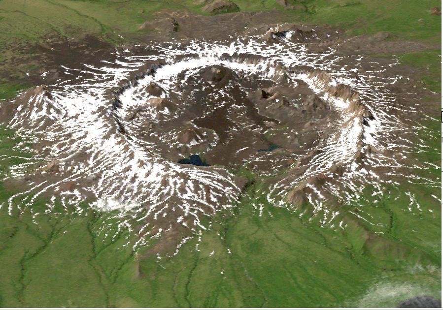 This image is a perspective view acquired by NASA Airborne Synthetic Aperture Radar AIRSAR in 2001, is of Umnak Island, one of Alaska Aleutian Islands. The active Okmok volcano appears in the center of the island.
