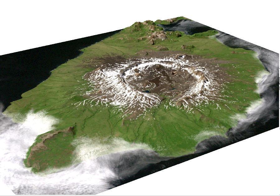 This image is a perspective view acquired by NASA Airborne Synthetic Aperture Radar AIRSAR in 2001, is of Umnak Island, one of Alaska Aleutian Islands. The active Okmok volcano appears in the center of the island.