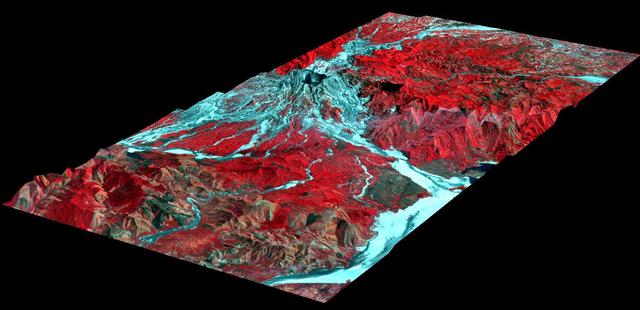 This perspective view, acquired by NASA Airborne Synthetic Aperture Radar AIRSAR, shows the effects of the June 15, 1991, eruption of Mt. Pinatubo.