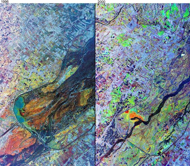 This comparison image, acquired by NASA Airborne Synthetic Aperture Radar AIRSAR November, 1996 and September, 2000, shows the effects of the June 15, 1991, eruption of Mt. Pinatubo.