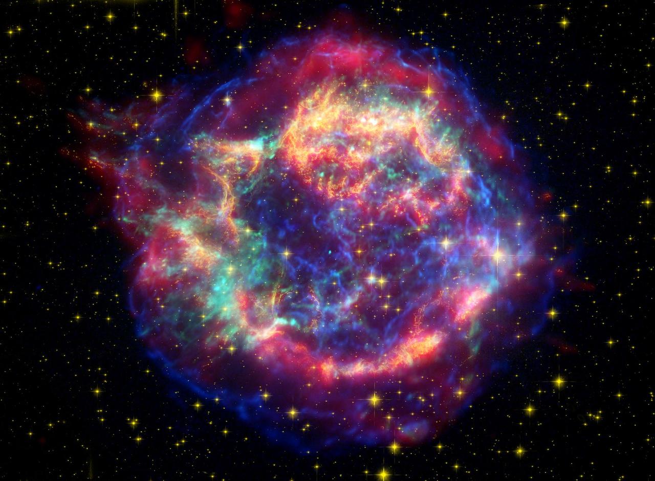 This false-color image from three of NASA Great Observatories provides one example of a star that died in a fiery supernova blast. Called Cassiopeia A, this supernova remnant is located 10,000 light-years away in the constellation Cassiopeia.