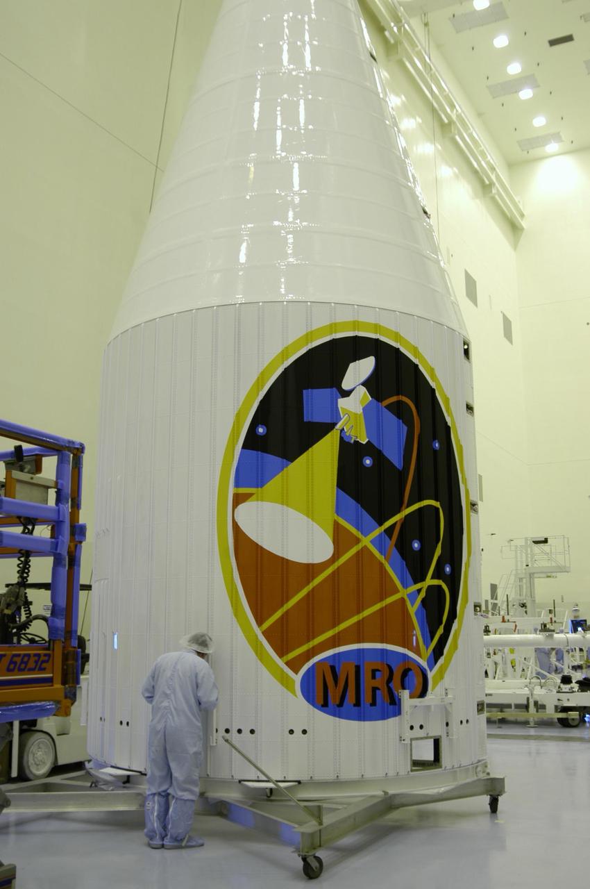 This image features the protective fairing that encapsulated NASA Mars Reconnaissance Orbiter atop an Atlas V rocket. The lively logo celebrates the intense science mission ahead of the orbiter.
