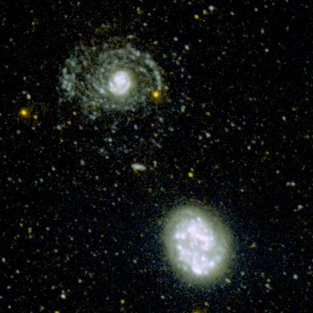 This image shows the hidden spiral arms that were discovered around the galaxy called NGC 4625 top by the ultraviolet eyes of NASA Galaxy Evolution Explorer. An armless companion galaxy called NGC 4618 is pictured below.
