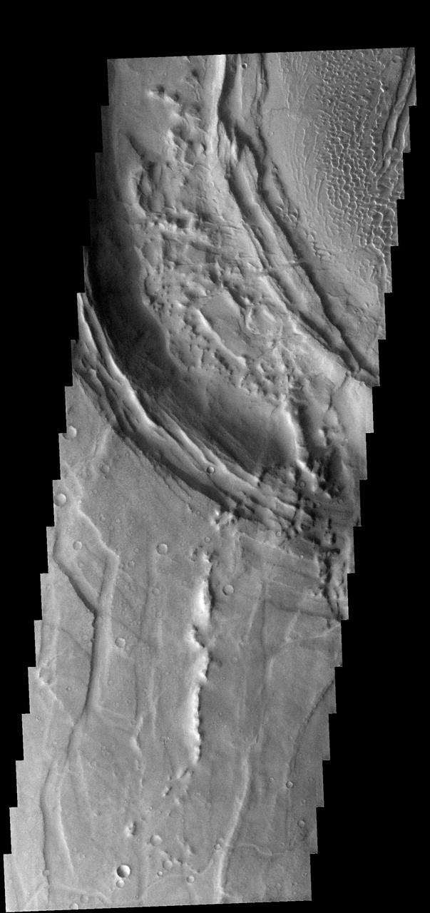This image from NASA 2001 Mars Odyssey spacecraft shows part of the caldera rim of Nili Patera. Dunes are located within the caldera.