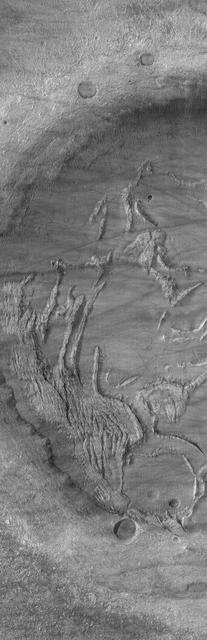 Mars Orbiter Camera MOC image shows   complexly-eroded terrain within a partially-filled impact crater in   Noachis Terra