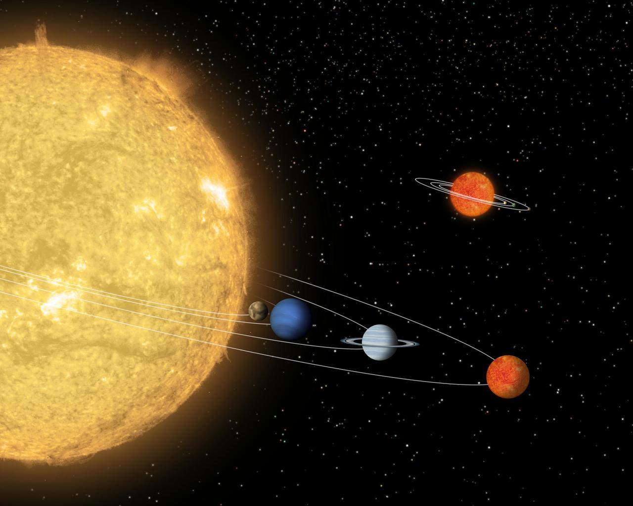 Artist concept compares a hypothetical solar system centered around a tiny un to a known solar system centered around a star 55 Cancri.