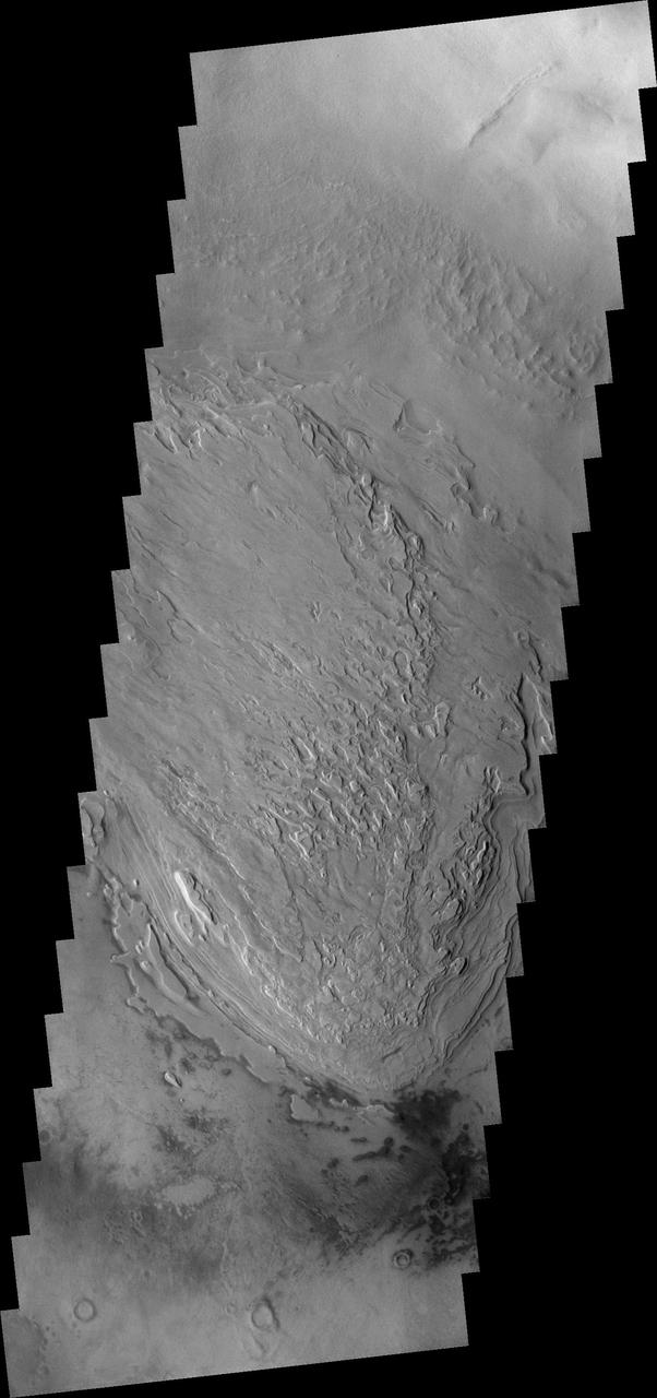 Taken by one of the Mars Student Imaging Project MSIP  teams, these are the unusual floor deposits in Spallanzani Crater.  The wind may have affected the surface of the layered deposit. Small dunes  have formed near the southern margin
