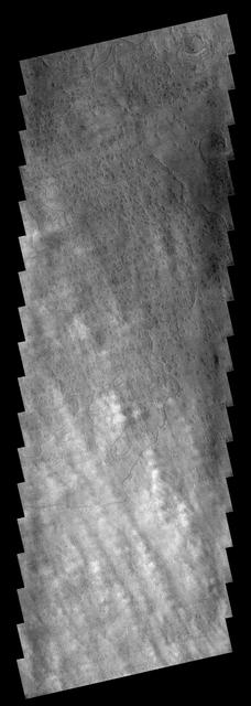 These clouds are located near the edge of the south polar region. The  cloud tops are the puffy white features in the bottom half of the image