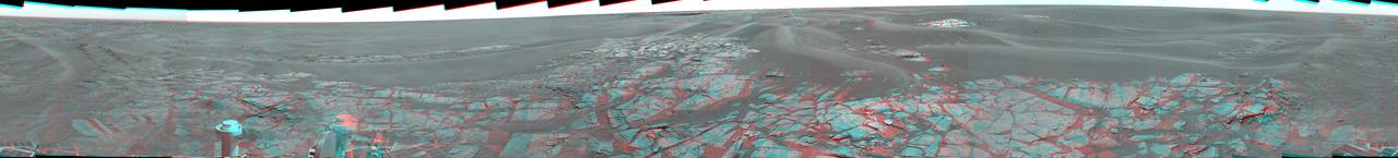 This stereo view shows the landscape surrounding NASA Mars Exploration Rover Opportunity at the edge of Erebus Crater. 3D glasses are necessary to view this image.