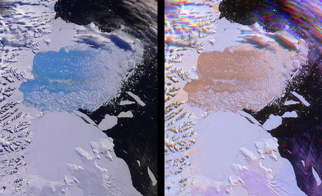 Both single and multi-angle views of the breakup of the northern section of the Larsen B ice shelf are shown in this image pair fromNASA Terra satellite. The Larsen B ice shelf collapsed and broke away from the Antarctic Peninsula during February and Ma