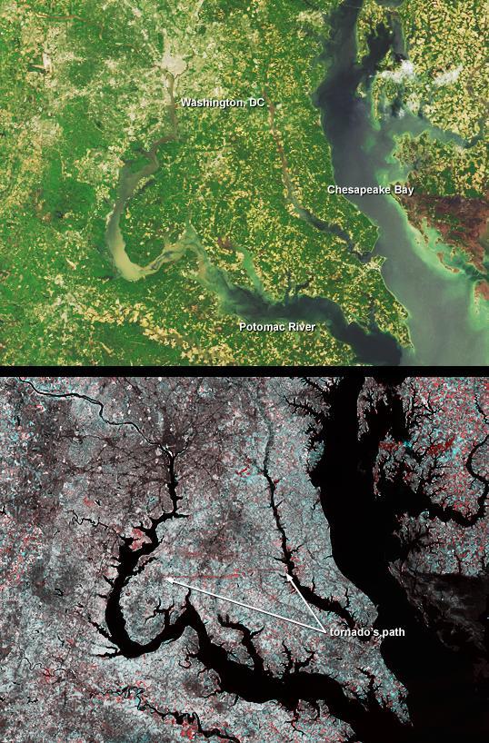 A category F4 tornado tore through La Plata, Maryland on April 28, 2002, killing 5 and injuring more than 100 people. This image from NASA Terra satellite was acquired on May 1, 2002.