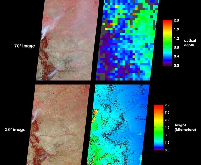 The Hayman fire, situated about 65 kilometers southwest of Denver, Colorado, is the largest fire ever recorded in that state. The images were captured on June 9, 2002 by NASA Terra satellite.