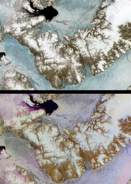 Devon Island is situated in an isolated part of Canada Nunavut Territory, and is usually considered to be the largest uninhabited island in the world. These images were acquired by NASA Terra satellite on June 28, 2001.