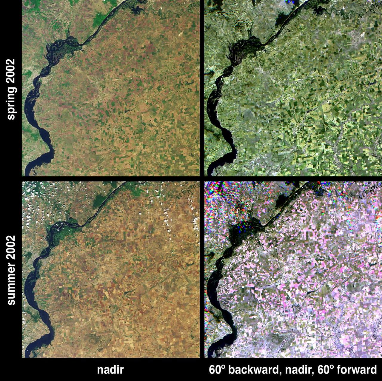 These images from NASA Terra satellite were captured on May 31 and July 18, 2002 and show Russia Saratov Oblast province, located in the southeastern portion of the East-European plain, in the Lower Volga River Valley.