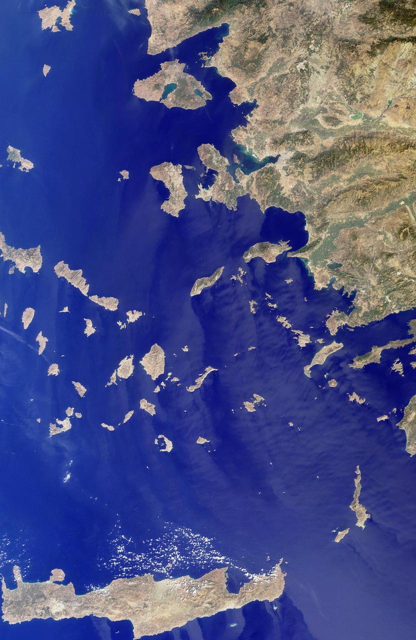 The Greek islands of the Aegean Sea, scattered across 800 kilometers from north to south and between Greece and western Turkey, are uniquely situated at the intersection of Europe, Asia and Africa. This image from NASA Terra satellite was acquired on Se