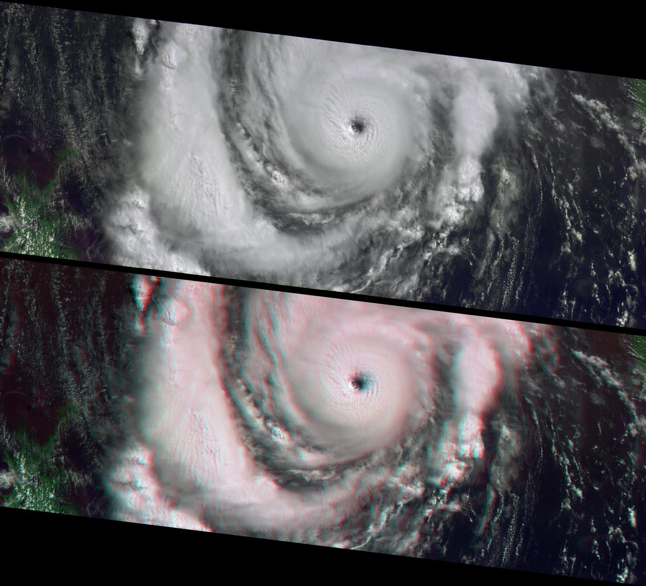 This anaglyph from the MISR instrument aboard NASA Terra spacecraft shows Hurricane Lili headed for Louisiana on October 2, 2002. 3D glasses are necessary to view this image.