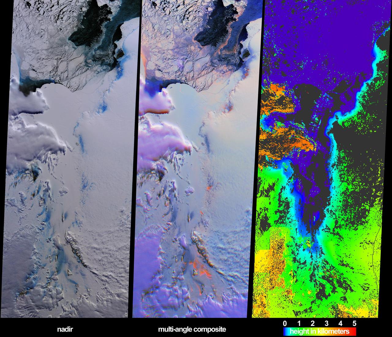 These views from NASA Terra spacecraft illustrate ice surface textures and cloud-top heights over the Amery Ice Shelf/Lambert Glacier system in East Antarctica on October 25, 2002.