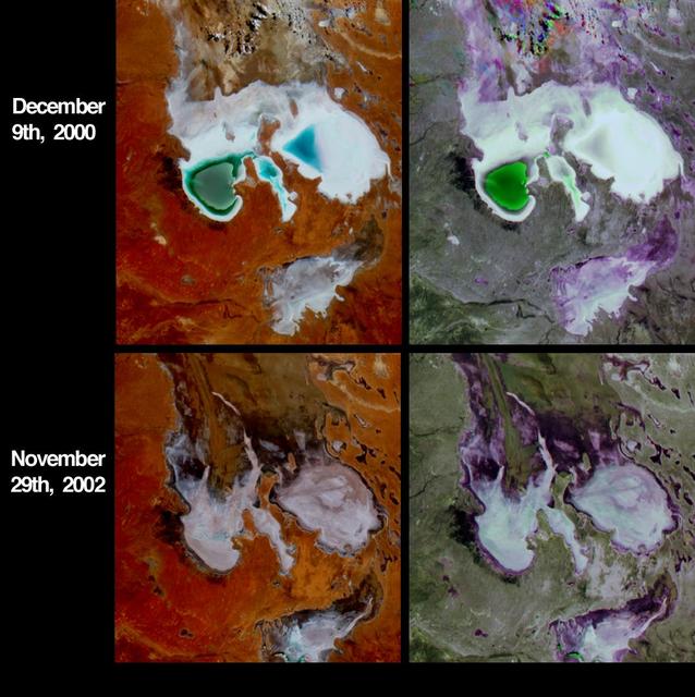 Lake Eyre is a large salt lake situated between two deserts in one of Australia driest regions. These four images from NASA Terra spacecraft austral summers of 2000 and 2002.