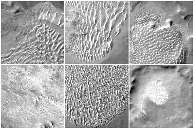 This collage of six images taken by NASA Mars Odyssey spacecraft, shows examples of the daytime temperature patterns of Martian dunes.