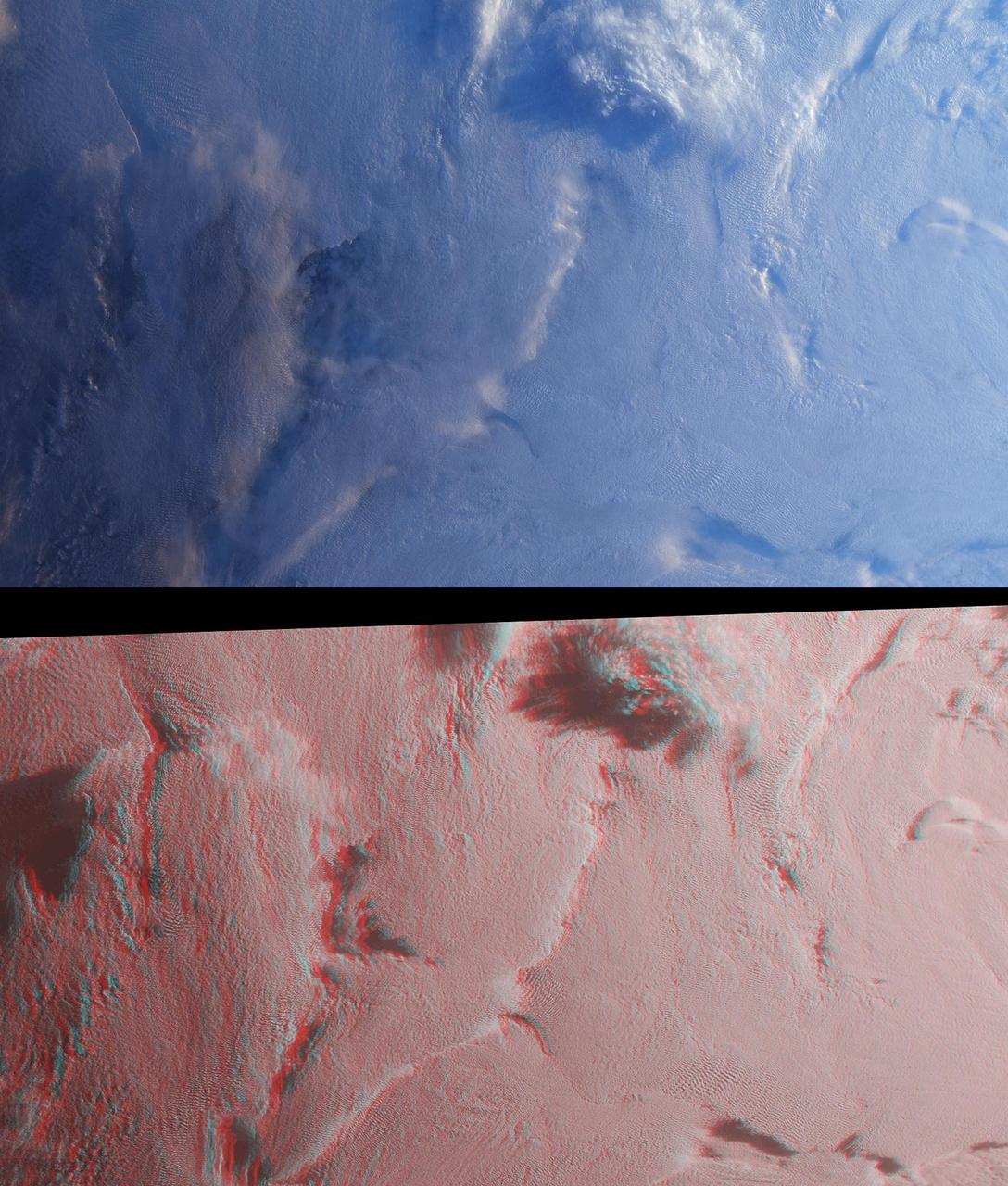 Stratus clouds are common in the Arctic during the summer months, and are important modulators of the arctic climate as seen in this anaglyph from the MISR instrument aboard NASA Terra spacecraft. 3D glasses are necessary to view this image.