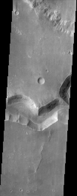 This image from NASA Mars Odyssey spacecraft shows a sinuous valley network channel with sharp bends cutting across the cratered highlands of the southern hemisphere of Mars.
