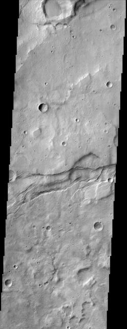 This image from NASA Mars Odyssey spacecraft shows the cratered highlands of Terra Sirenum in Mars southern hemisphere. Near the center of the image running from left to right one can see long parallel to semi-parallel troughs called graben.