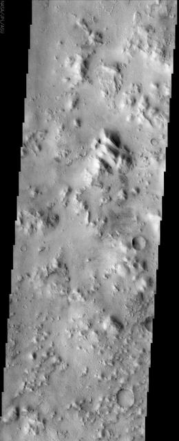 The Cerberus feature, imaged here by NASA Mars Odyssey, is a dark region at the southeastern edge of the huge Elysium Mons volcanic complex that was visible to early astronomers because it was a distinctive dark spot on a large bright region of Mars.