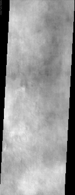 Splotchy water ice clouds obscure the northern lowland plains in the region where NASA Viking 2 spacecraft landed in this image by NASA Mars Odyssey spacecraft.